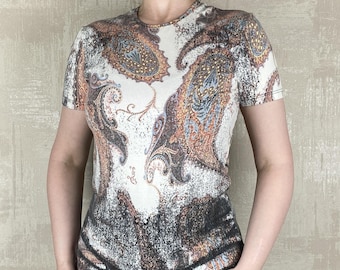 Roberto Cavalli Vintage Y2K katoenen paisley stretch top dames-T-shirt maat M