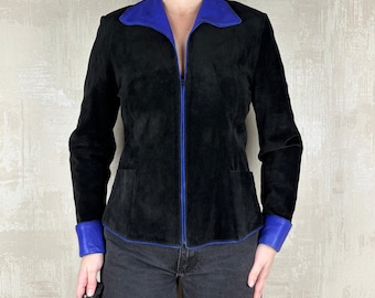 Janet Ibbotson Vintage Black Suede Blue Leather Women's Jacket Made in England