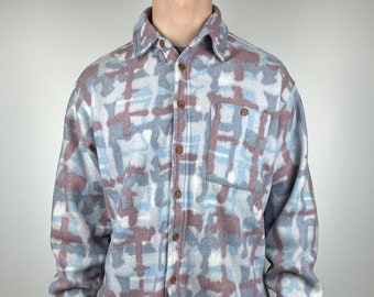 Camisa tipo sobrecamisa de forro polar con estampado abstracto vintage de Le Frog, talla XL (años 90).