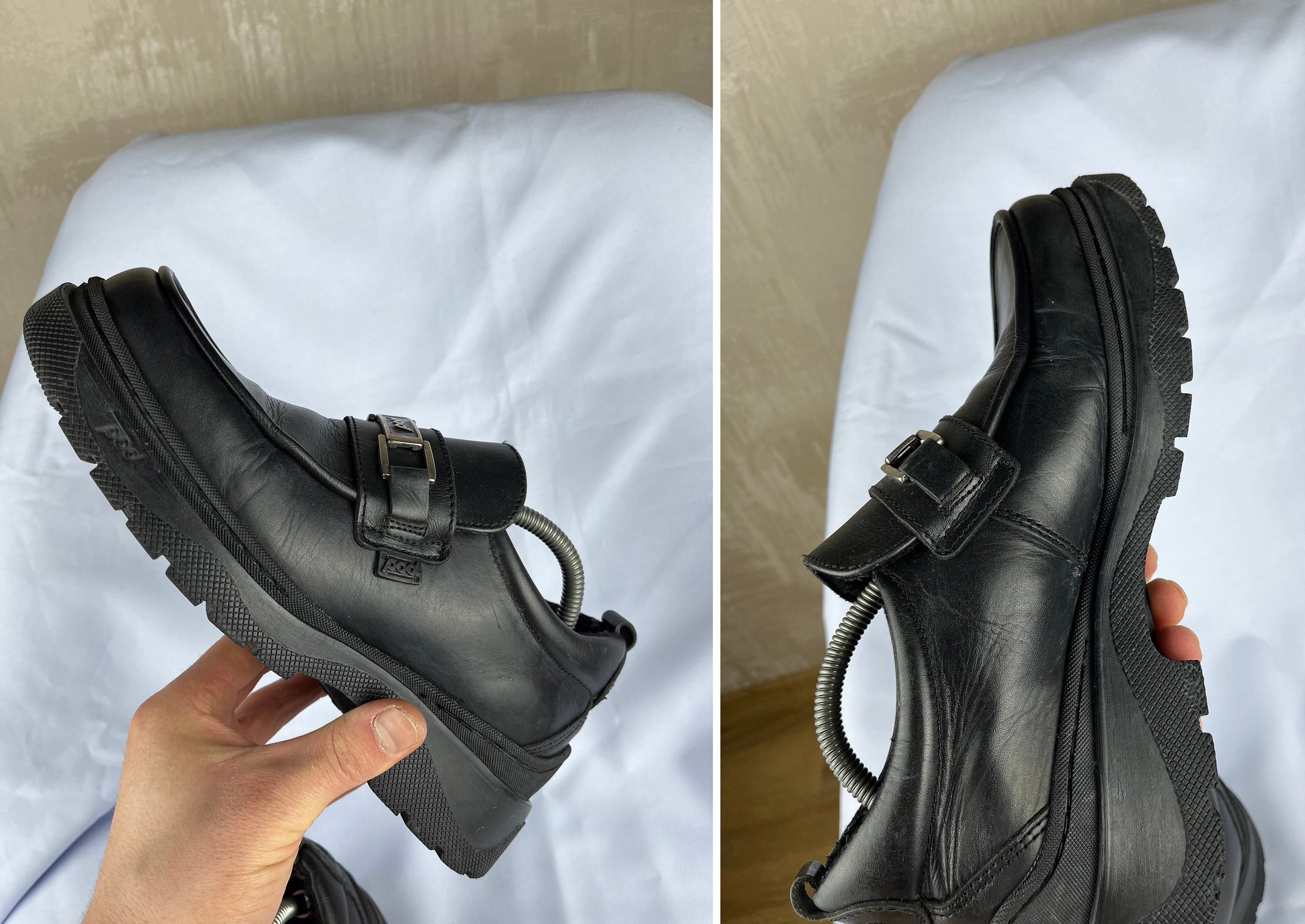 靴 OLD Parachoc rubber sole leather shoes Vintage Leather Mens Lace up Paraboot Black Shoes / Round