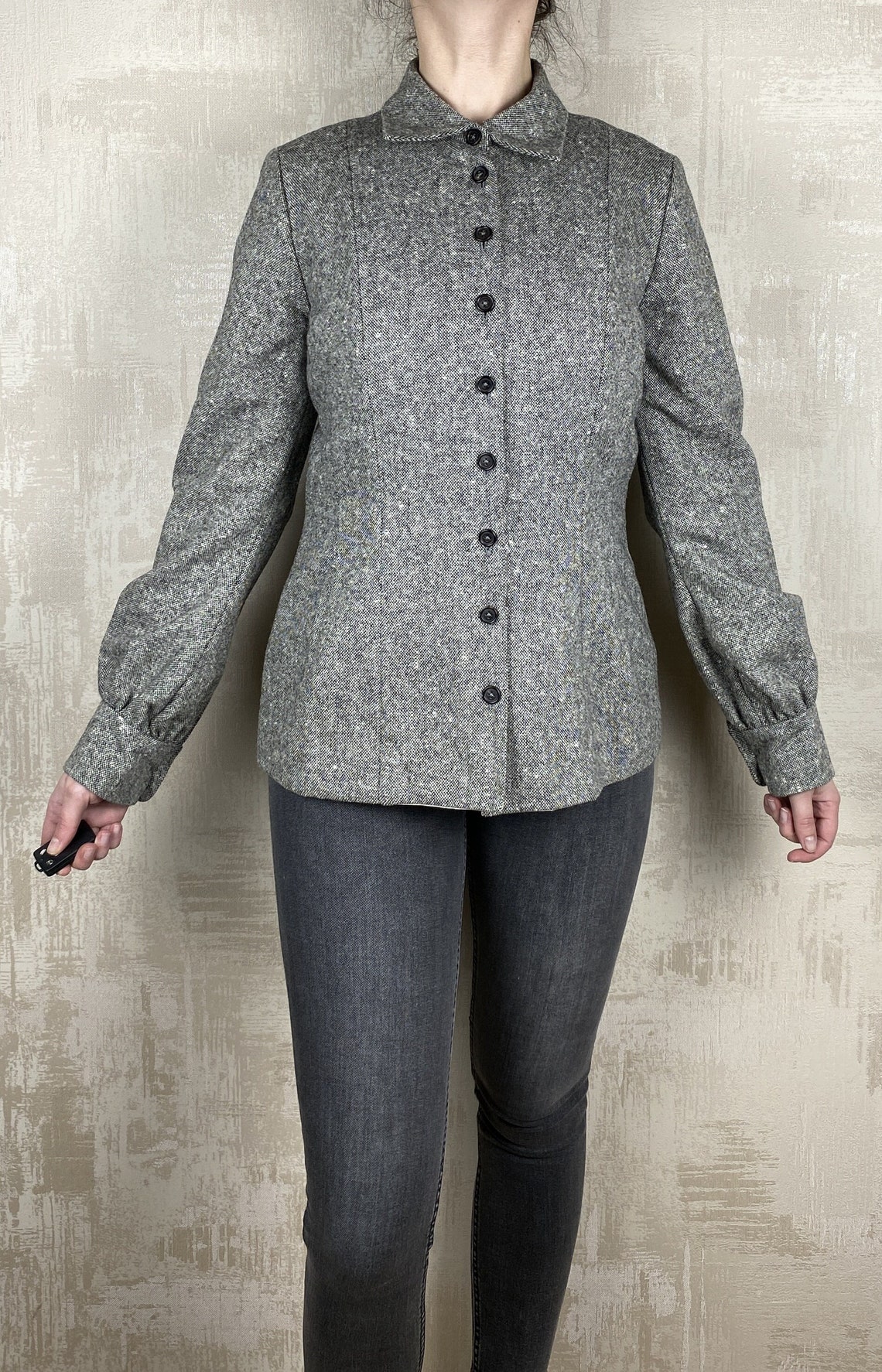 Dirk Van Saene Vintage Wool Gray Shirt Women's Blazer Made in Belgium Size 40, foto 1 di 5