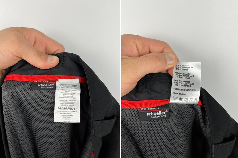 May include: Black and red label with the text "schoeller&reg; Switzerland" and "WB - formula" on a black fabric background. The label also includes care instructions and the text "MAMMUT&reg;".