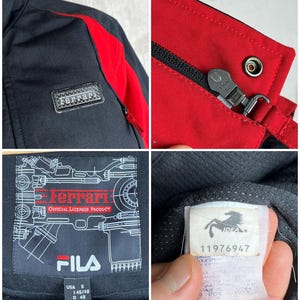 May include: Black and red Ferrari jacket with a zipper closure. The jacket features a Ferrari logo patch and a FILA label. The jacket is a size small.