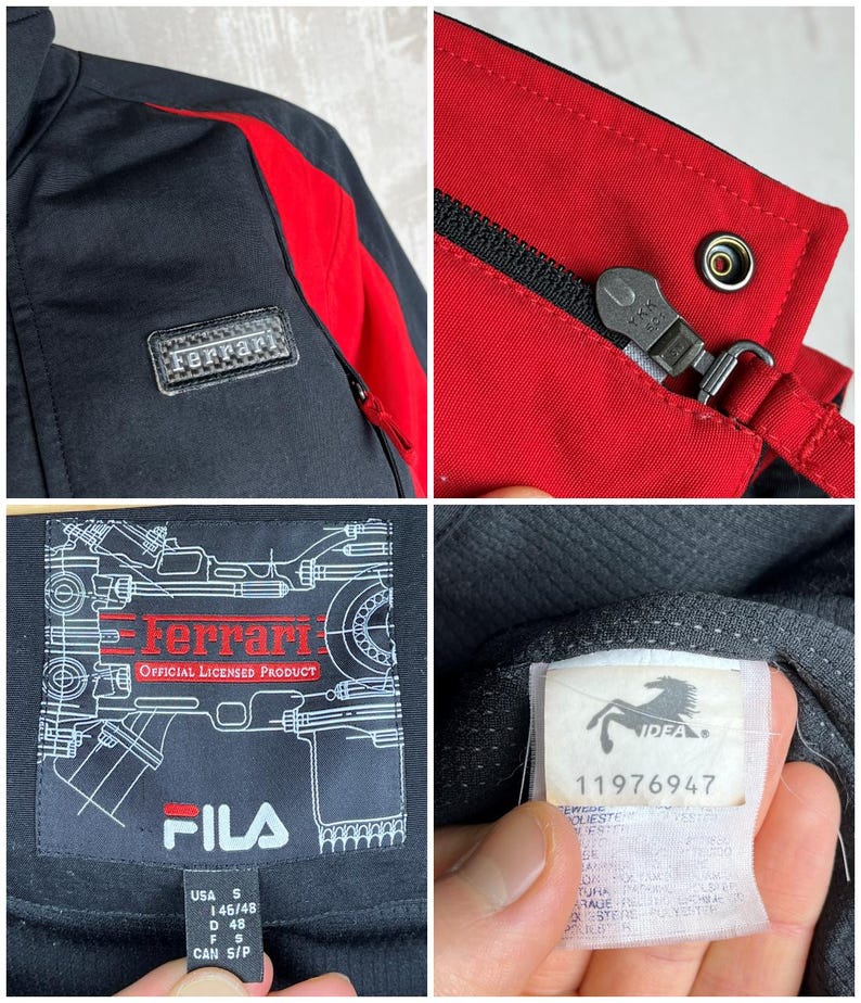 May include: Black and red Ferrari jacket with a zipper closure. The jacket features a Ferrari logo patch and a FILA label. The jacket is a size small.