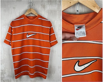 90er Jahre NIKE Vintage Big Swoosh Herren Gestreiftes Nemo Bunt Oranges T-shirt Größe S Rundhalsausschnitt
