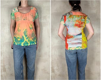 Save the Queen Multicolor Abstract Mesh Women's Top Size L