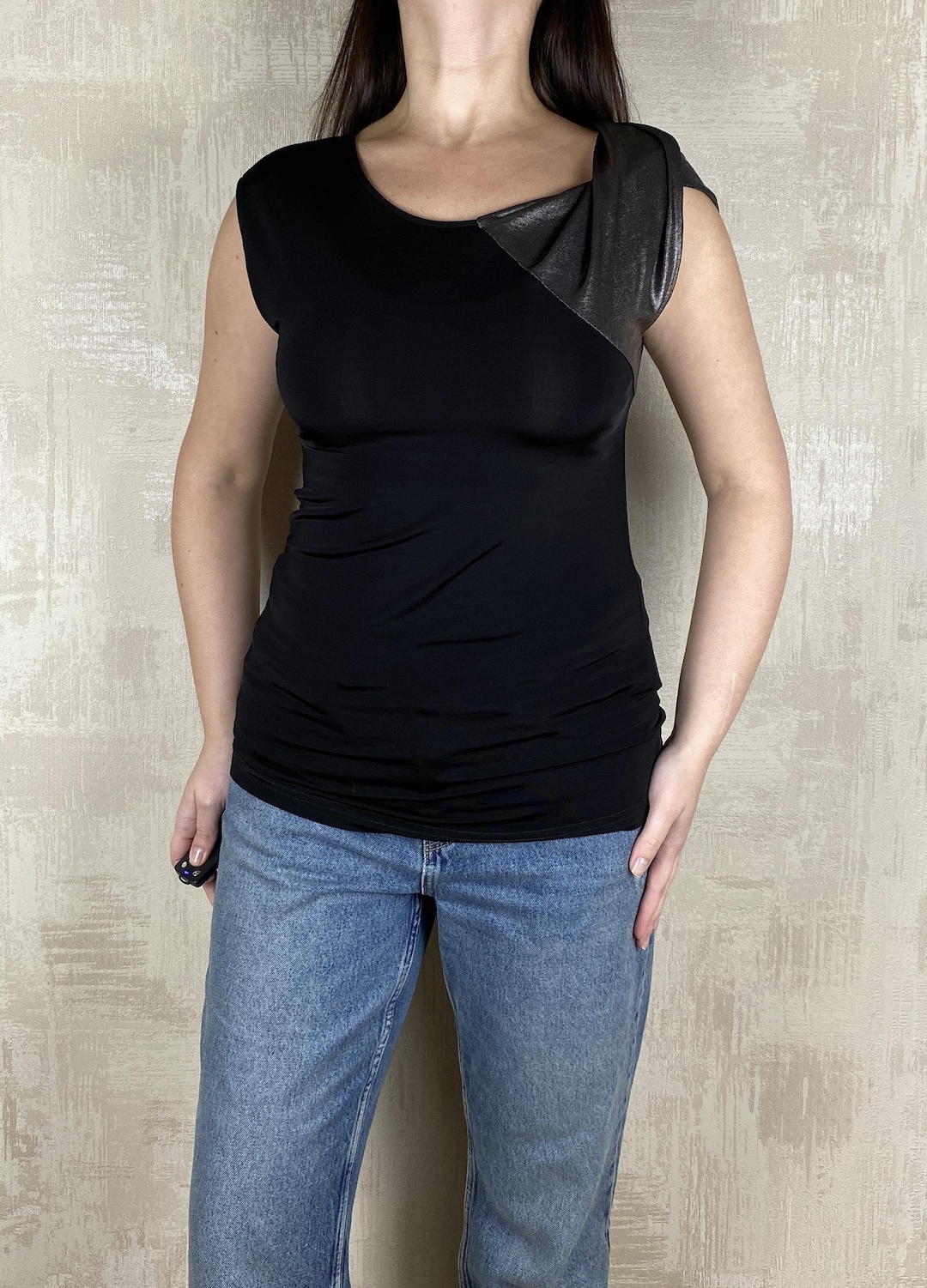 Armani Jeans Vintage Black Silver Sleeve Top Women's Blouse Size