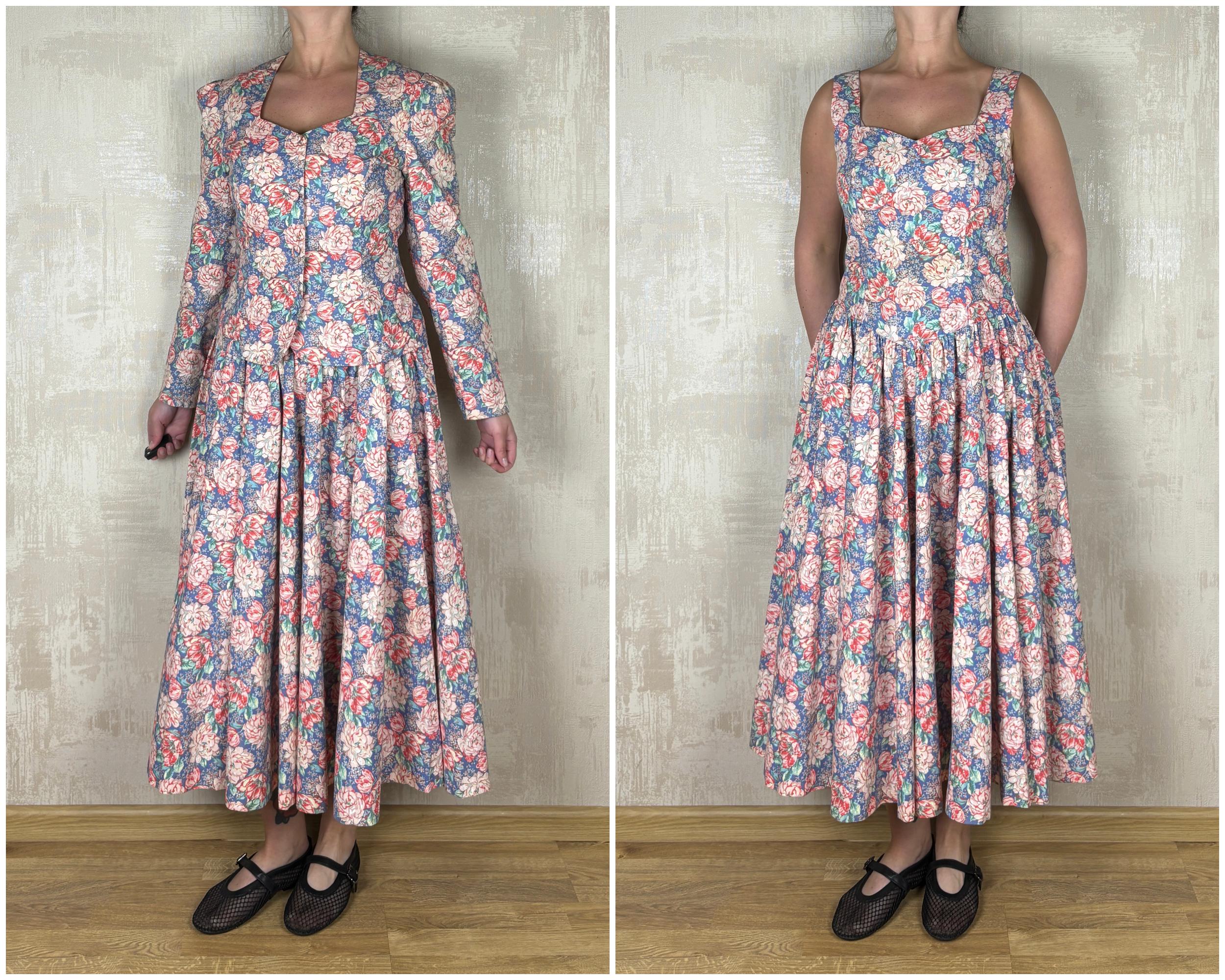 Laura Ashley Vintage Cotton Floral Blazer / Fit-Flare Dress Suit Set Size UK 12
