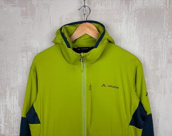 Sudadera con capucha y cremallera Vaude Polartec Pertex verde, talla 52/L para hombre, ideal para senderismo y actividades al aire libre.