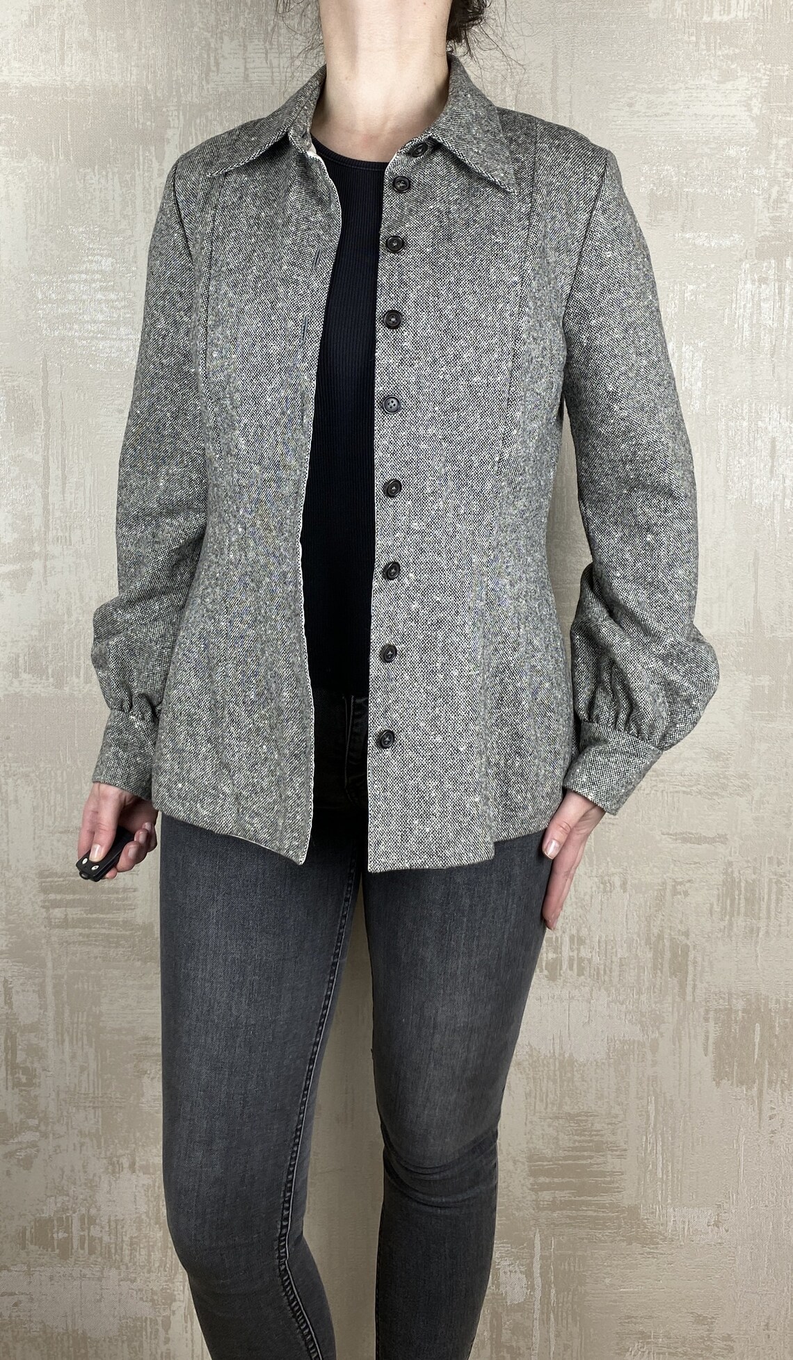 Dirk Van Saene Vintage Wool Gray Shirt Women's Blazer Made in Belgium Size 40, foto 2 di 5