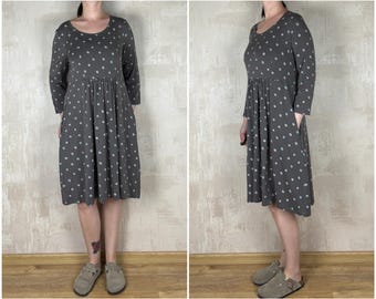 Gudrun Sjoden Lyocell Gray Polka Dot Fit-Flare Long Sleeve Dress Size S