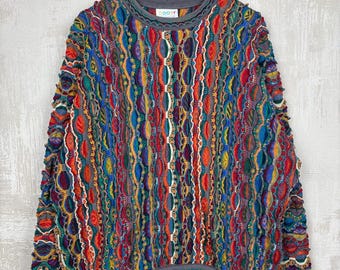 Jersey de punto 3D vintage COOGI Australia de algodón multicolor, talla 1XL, corte holgado.
