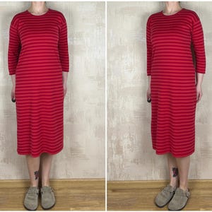 Marimekko Vintage Cotton Red Striped Bodycon Midi Dress Size S Made in Finland