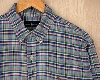 Chemise à manches longues à carreaux Ralph Lauren pour hommes, taille L boutonnée
