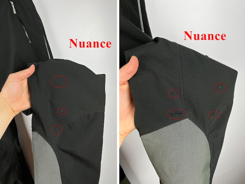 May include: Black pants with a gray panel on the knee. The pants have several small holes in the fabric. The word "Nuance" is written in red on the image.