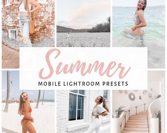May include: A collage featuring several lifestyle photos with a light, airy aesthetic. The central text reads "Summer Mobile Lightroom Presets" in pink script. The images showcase various outdoor scenes and people.