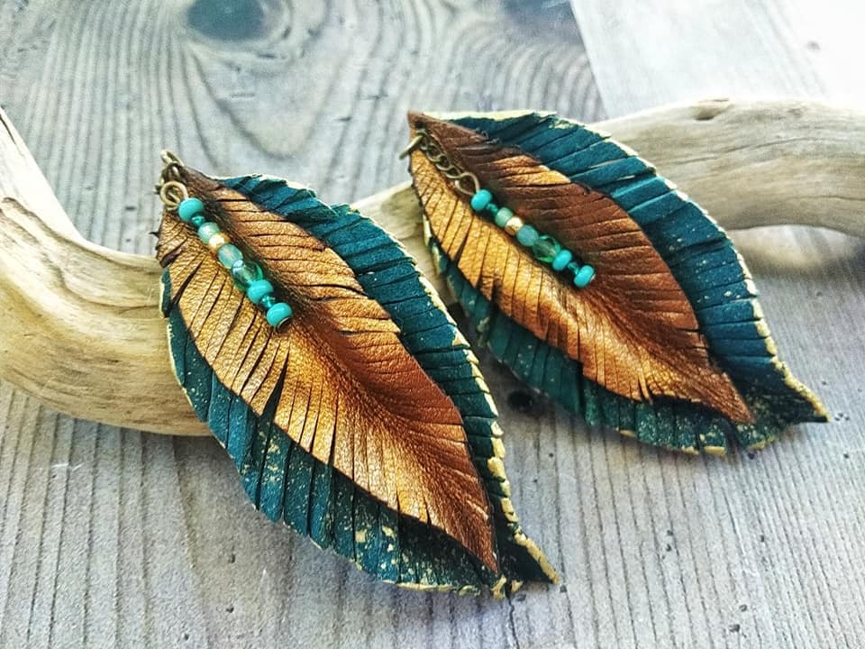 Teal Blue Gold Leather Feather Long Boho Chic Earrings, Petrol Blue ...