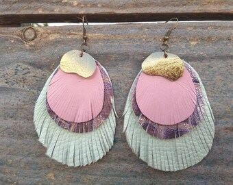 Peacock Feathers Earrings, Big Leather Earrings, Lilac earrings, Exotic Colorful Earrings, Statement Earrings, Large Bohemian Earrings