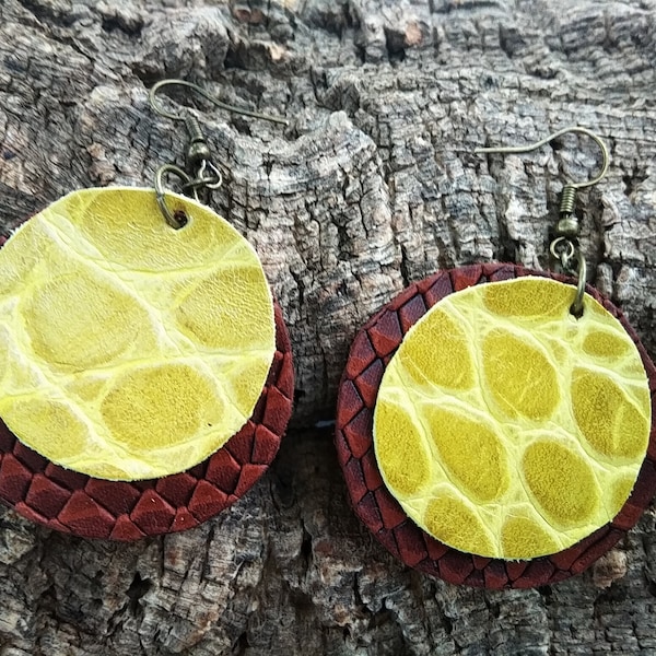 Orecchini Cerchio Geometrico, Marrone Giallo Limone, Orecchino Bicolore, Orecchini in Pelle, Orecchino con stampa Reptil, Orecchino Leggero, Orecchino Lucido