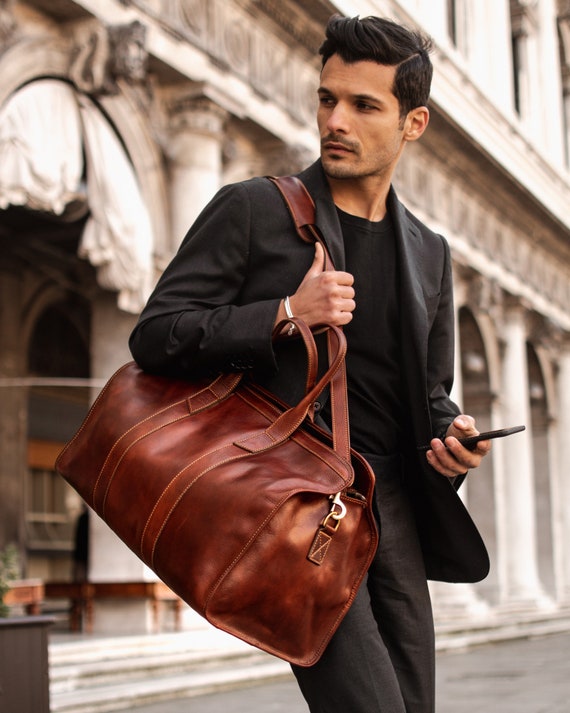 Duffel Bag Handcrafted from Italian Full Grain Leather, Ideal for