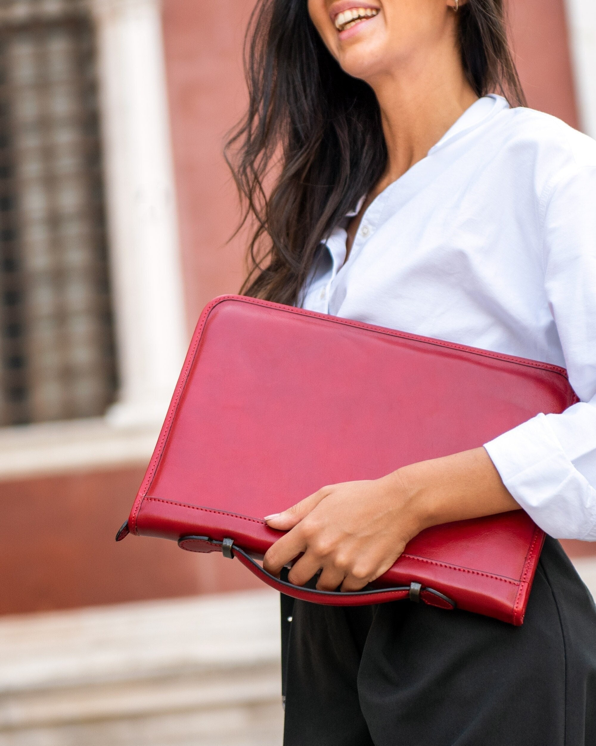 Red Business Women Leather Portfolio Document Holder Padfolio