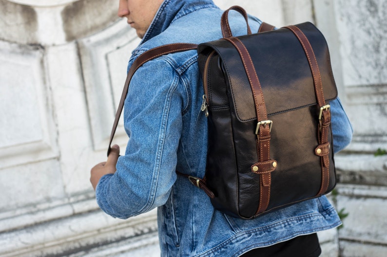 etsy black leather backpack