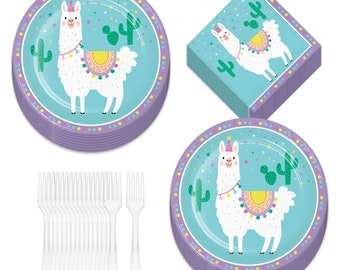 Llama Party Supplies - Birthday Llama Fiesta Paper Dinner Plates, Lunch Napkins, and Forks (Serves 16)