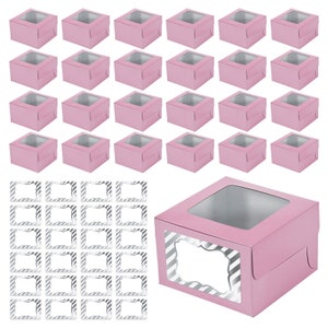 Light Pink Cupcake Boxes with Sticker Labels - 24 Count (Pale Pink) 4 1/2&quot; x 3&quot; x 4 1/2&quot;