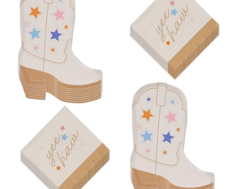 Western Party Supplies - Cowboy Boot Shaped Paper Dessert Plates and Yeehaw Fringe Cowgirl Beverage Napkins (16 Plates & Napkins)