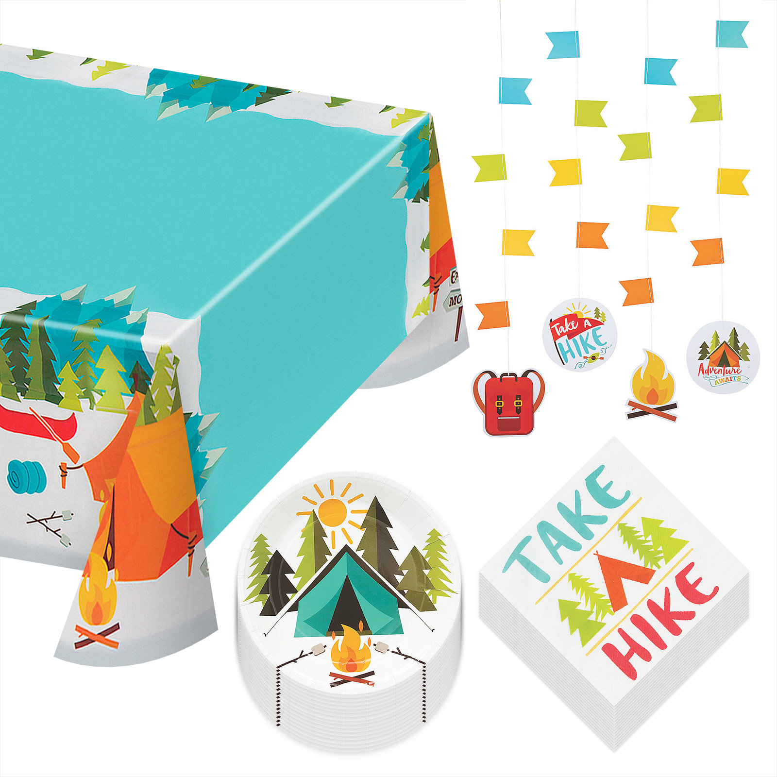 Camping Adventure Party Pack Paper Dessert Plates Take A Hike Lunch Napkins Table Cover and Hanging Cutouts Serves 16