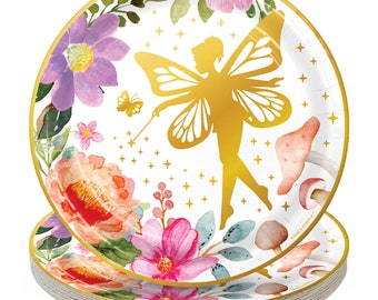 Fairy Party Supplies - Enchanted Floral Metallic Gold Fairy Round Paper Dessert Plates for 16 Guests