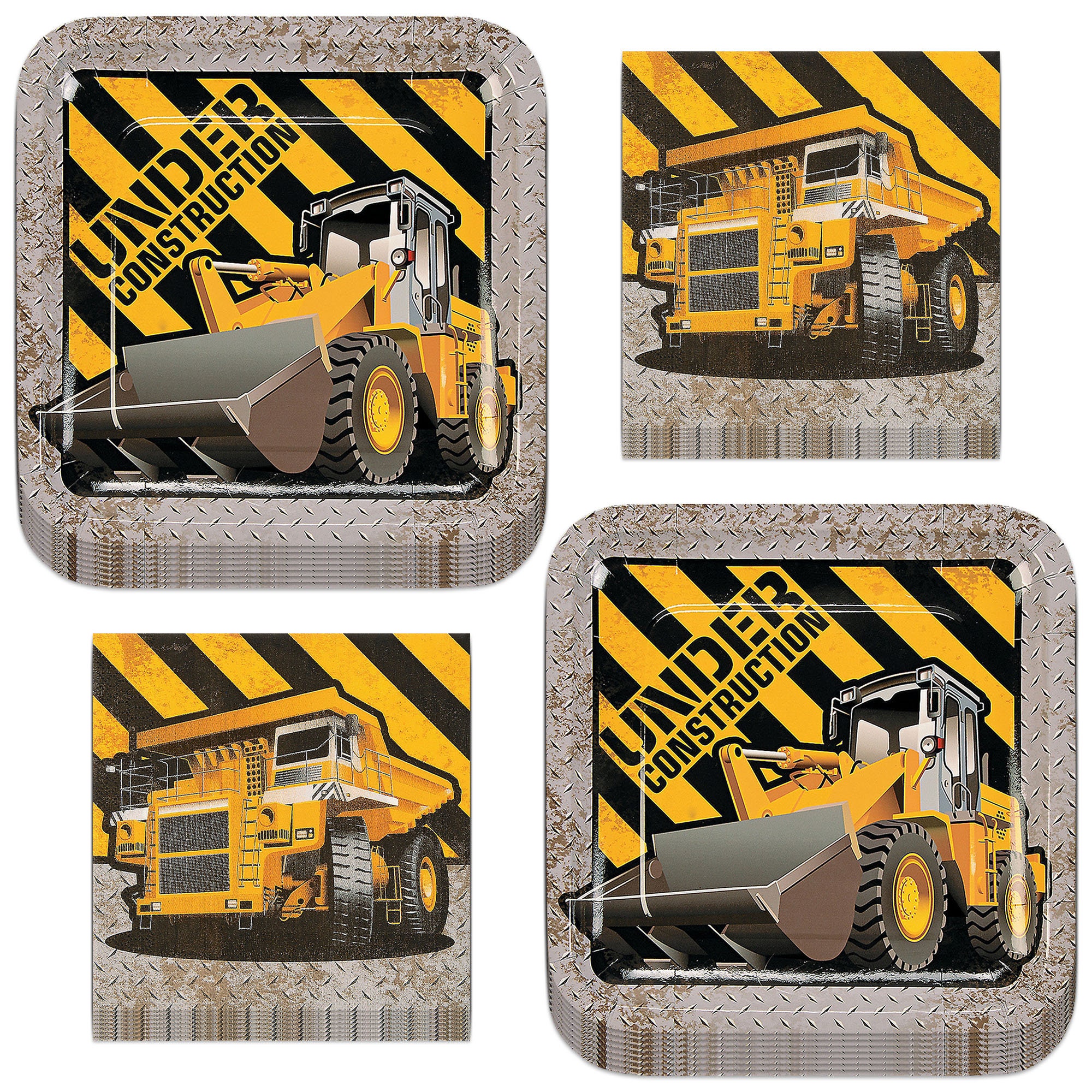 Construction Zone Party Metallic Paper Dinner Plates and Luncheon Napkin Serves 16