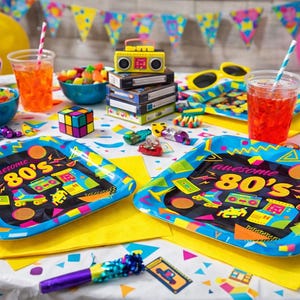 80s Party Supplies - Totally Awesome Throwback Theme 1980's Icons Square Paper Dessert Plates and Napkins (16 Plates & Napkins)