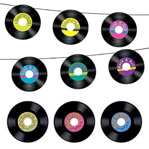 50s and 60s Party Decorations - Hanging Records Streamer Garland and Set of 3 Plastic 9" Records