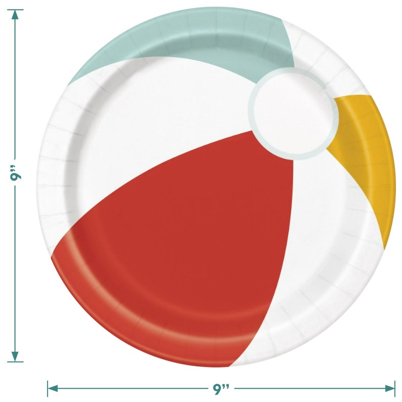 Puede incluir: Un plato de papel redondo con un dise&ntilde;o de pelota de playa. El plato tiene 23 cm de di&aacute;metro y presenta secciones rojas, amarillas, blancas y turquesas. El plato est&aacute; dise&ntilde;ado para parecerse a una pelota de playa.