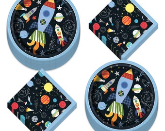 Space and Galaxy Party Supplies and Decorations (Space Shuttle Rockets and Planets Paper Dinner Plates and Napkins (Serves 16))
