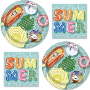 May include: Summer-themed party supplies featuring plates and napkins. The plates have a light blue background with illustrations of a woman on a popsicle float, a cactus, a unicorn float, a donut float, a beach umbrella, and a beach ball. The napkins have the word "SUMMER" in colorful bubble letters.