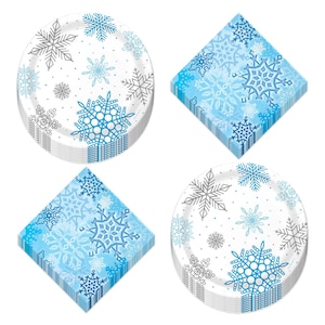 Winter Snowflake Paper Dessert Plates and Beverage Napkins - Frozen Party Decorations and Snow Princess Party Supplies (Serves 16)