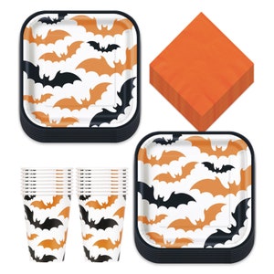 Halloween Party Happy Haunting Flying Bats Square Paper Dessert Plates, Beverage Napkins, and Cups (Serves 16)