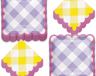 Spring Pastel Plaid Gingham Scalloped Square Paper Dessert Plates and Beverage Napkins (Serves 16)