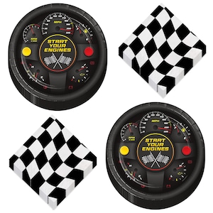 Race Car Party Supplies - Racing Themed Paper Dinner Plates and Checkered Lunch Napkins (16 Plates & Napkins)
