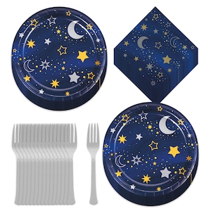 Starry Night Party - Metallic Twinkle Star and Moon Paper Dessert Plates, Beverage Napkins, and Forks (Serves 16)