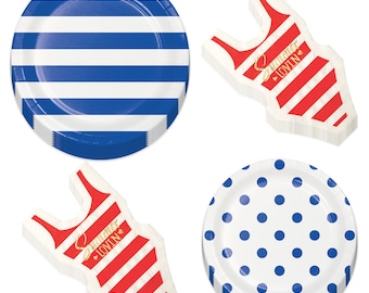 Retro-Inspired Blue Stripes & Polka Dots Paper Dinner Plates, Dessert Plates, and Summer Lovin' Red Stripe Swimsuit Napkins For 8 Guests