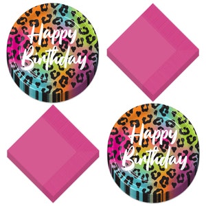 Wild Child Happy Birthday Animal Print Paper Dessert Plates and Napkins - Colorful Wild Animal Print (Serves 16)