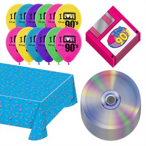 90's Party Supplies - Party Pack of Floppy Disk Napkins, CD Paper Plates, 90's Tablecover, and Balloons (Serves 16) …