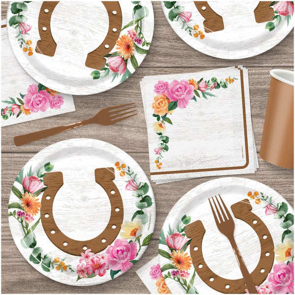 Platos de postre y servilletas de papel con diseño de herraduras de madera y flores para fiestas de caballos, ideales para decorar fiestas de vaqueras (16 platos y servilletas)