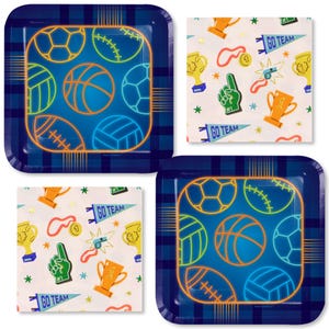 May include: Square paper plates and napkins with a sports theme. The plates have a blue plaid border and a central design of sports balls in neon orange and green. Napkins feature trophies, pennants, and the words "GO TEAM."