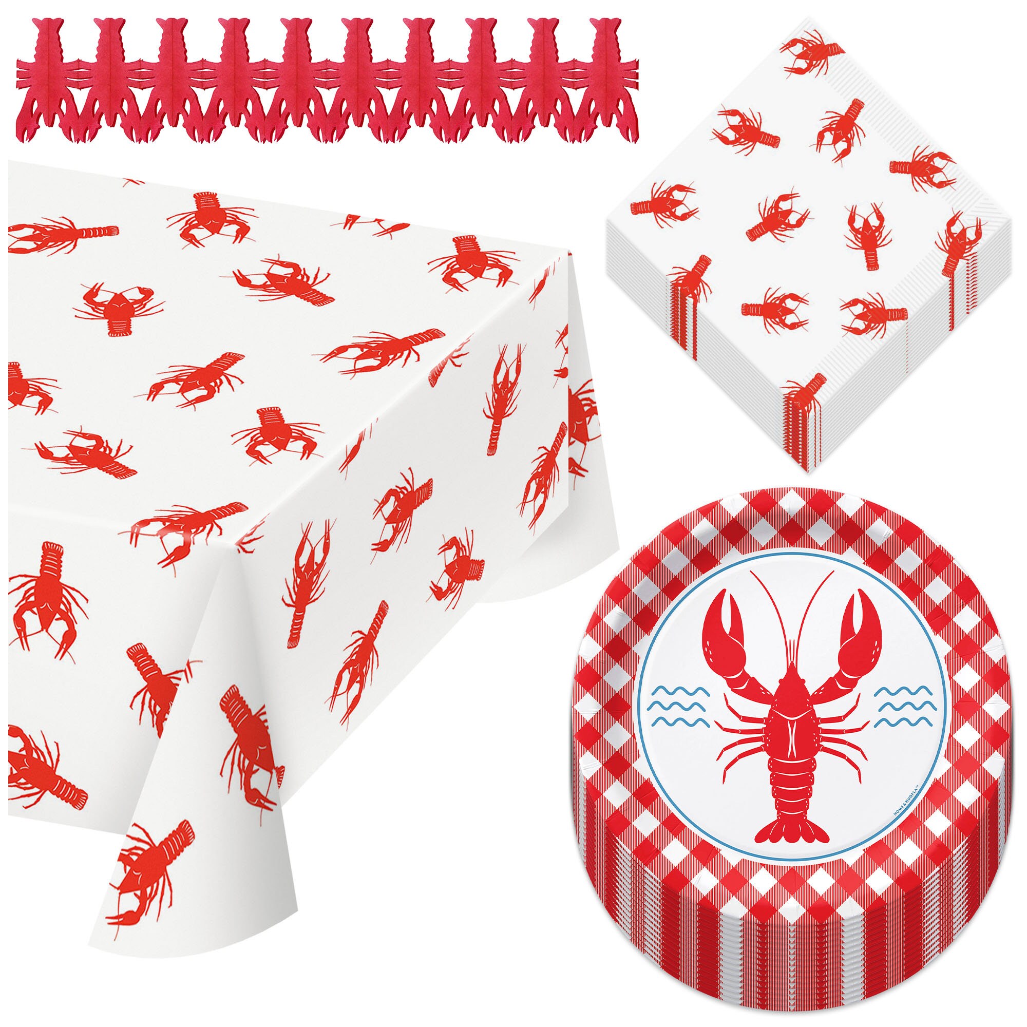 Crawfish Party Pack Paper Dinner Plates Lunch Napkins Plastic Table Cover and Hanging Garland Set Serves 16