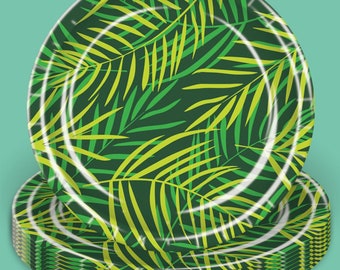 Green Palm Leaves Disposable Round Paper Dinner Plates, 8 Count