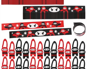 Ninja Party Favors - Red and Black Ninja Slap Bracelets and Stretchy Flying Ninjas for 24 Guests